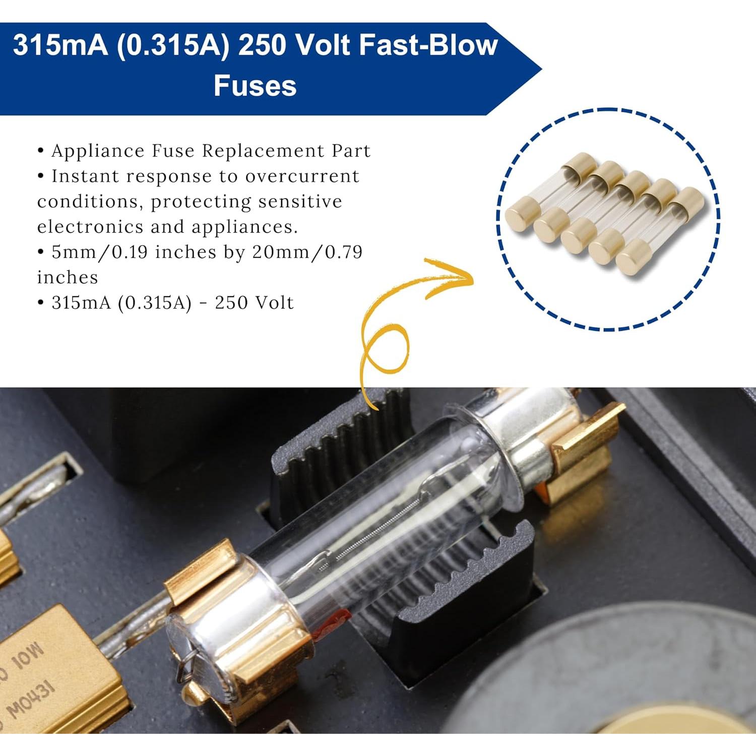 Fusibles de vidrio GMA 315mA 250V - Paquete de 5 Techman