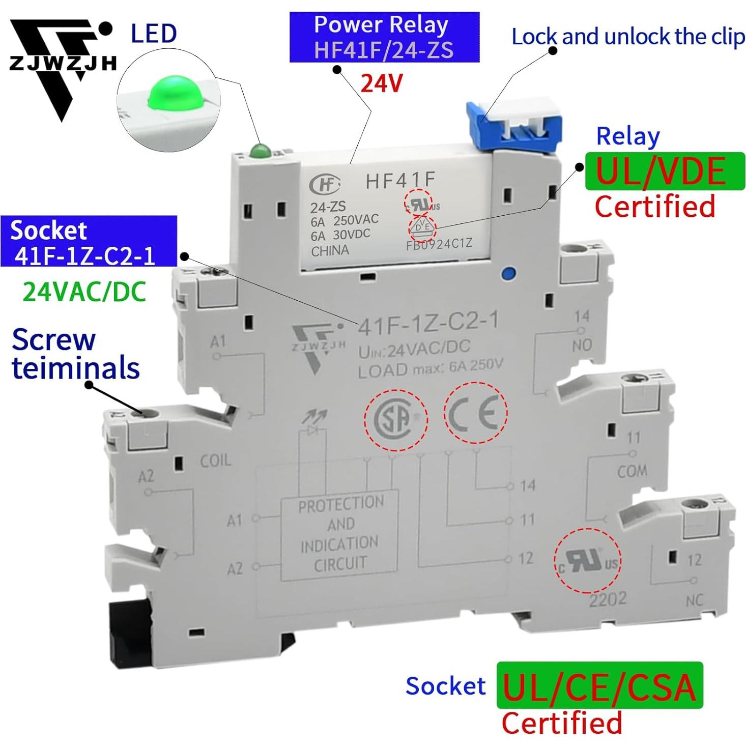 10 Relés Electromagnéticos 24V DC/AC ZJWZJH HF41F/24