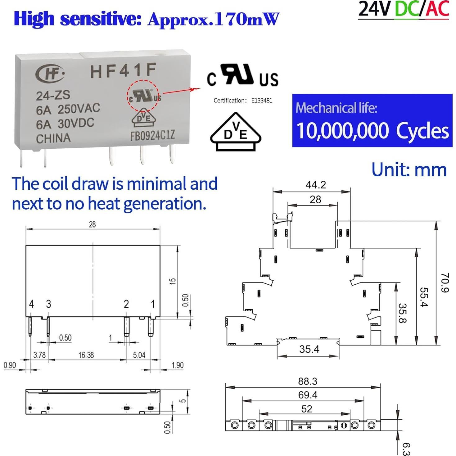 10 Relés Electromagnéticos 24V DC/AC ZJWZJH HF41F/24