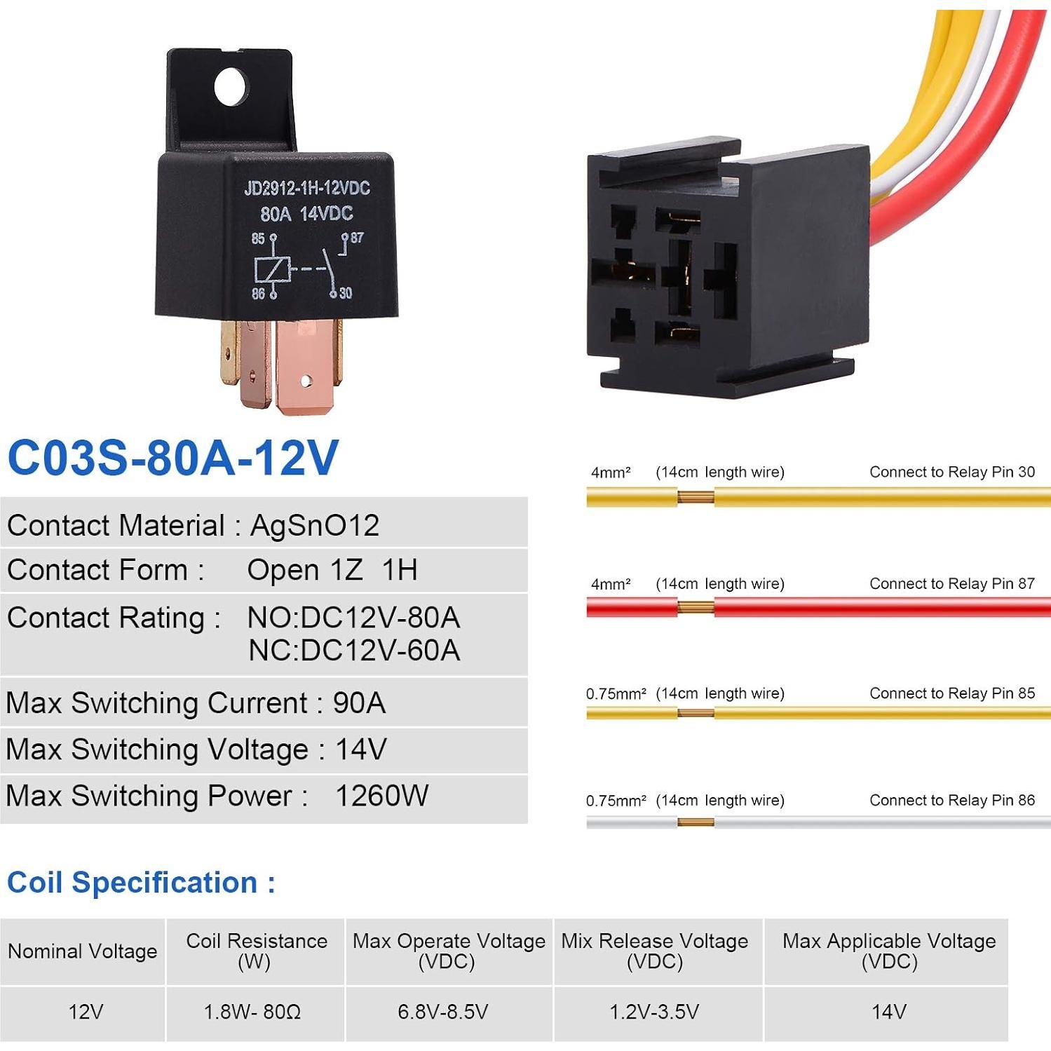 Relé EHDIS 4 Pines 80A 12V Normalmente Abierto para Coche