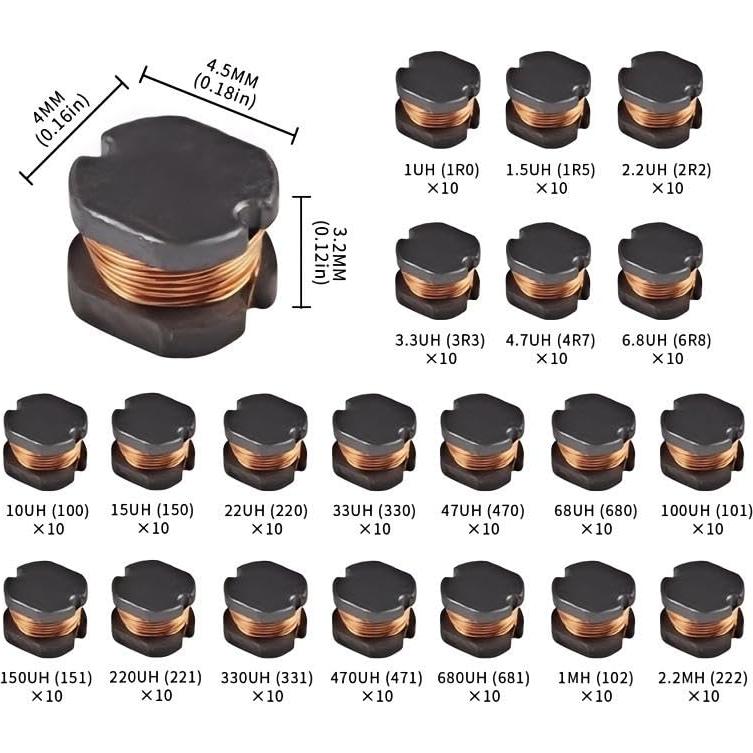 Kit 200 Pcs Inductores SMD VANXY 1UH a 2.2MH 4.5x4mm