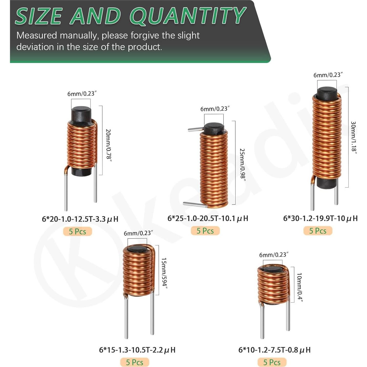 Kit de 25 Inductores de Ferrita Keadic - 5 Tamaños 0.8 a 10.1µH