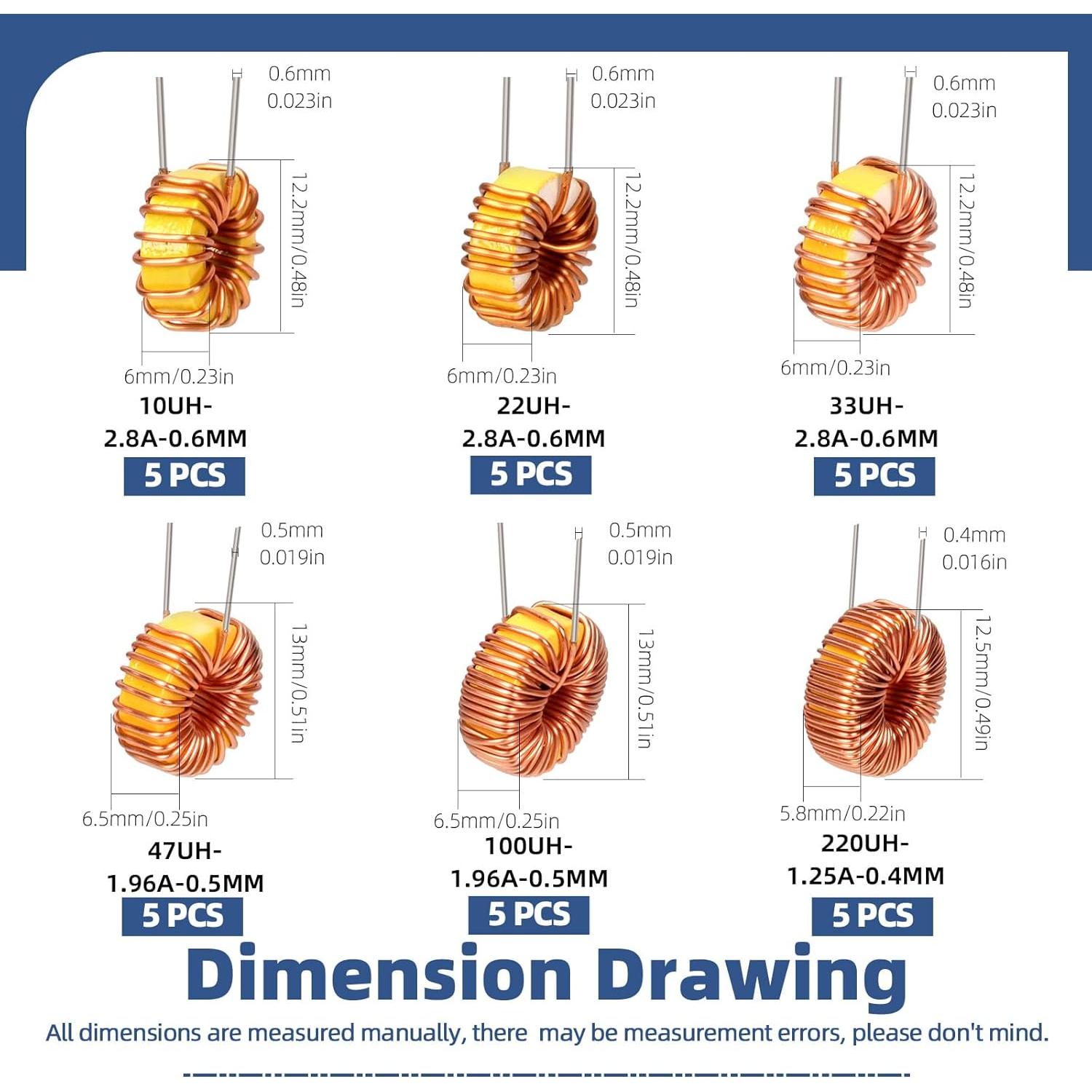Kit de Inductores Toroidales Glarks 30pcs 6 Tamaños 10UH-220UH