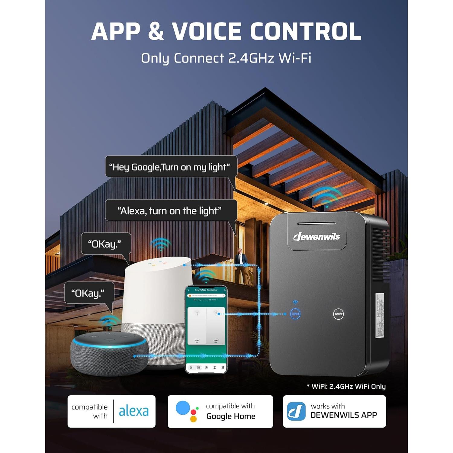 Transformador de Paisaje WiFi DEWENWILS 300W 2 Zonas 120V a 12V