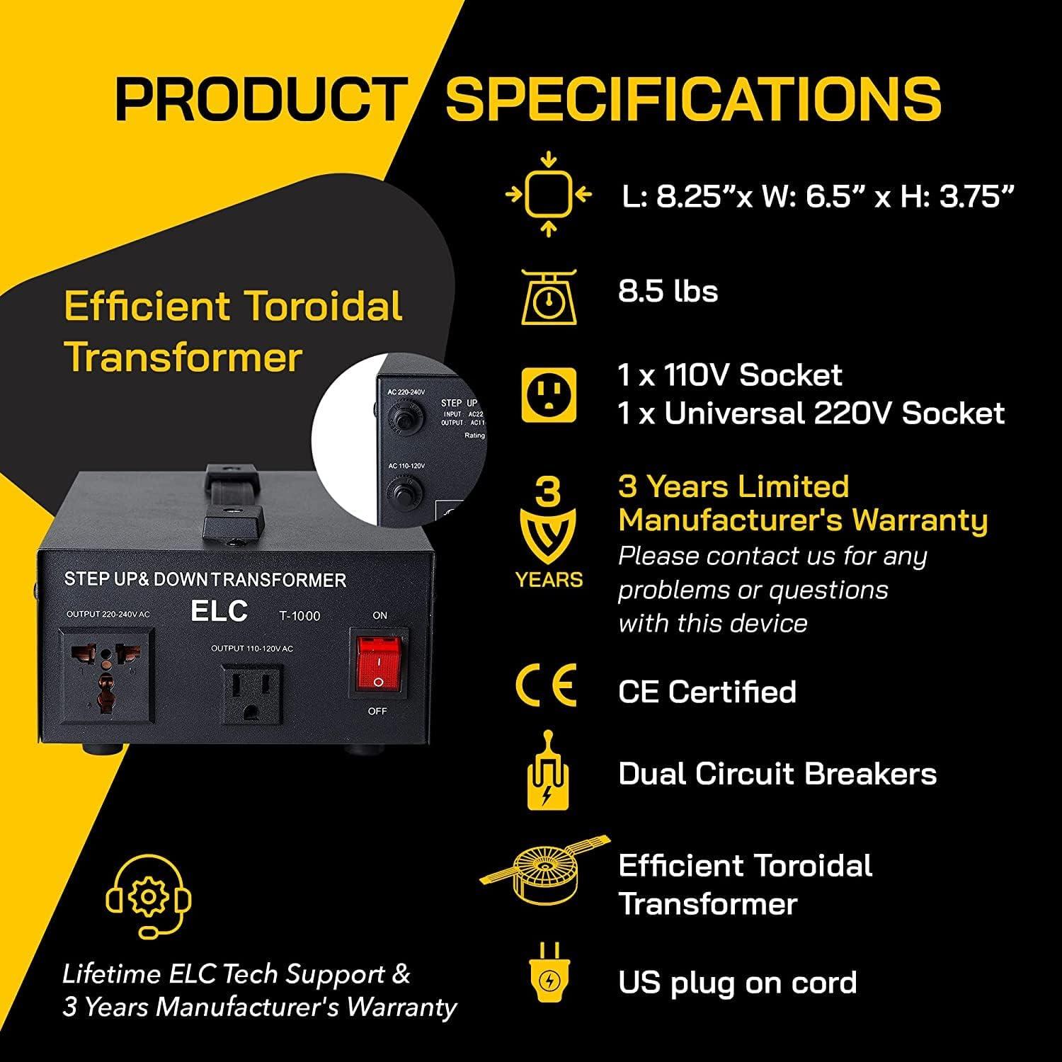 Transformador Convertidor de Voltaje ELC T-1000+ 1000W 110V/220V