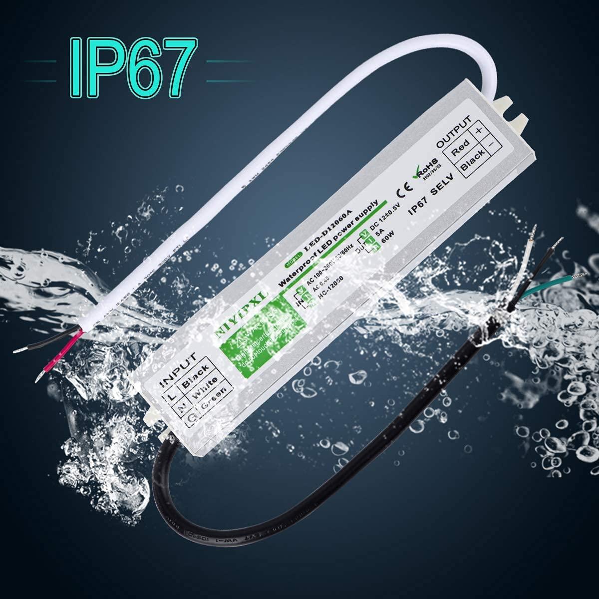 Transformador LED 60W NIYIPXL IP67 12V CC a prueba de agua