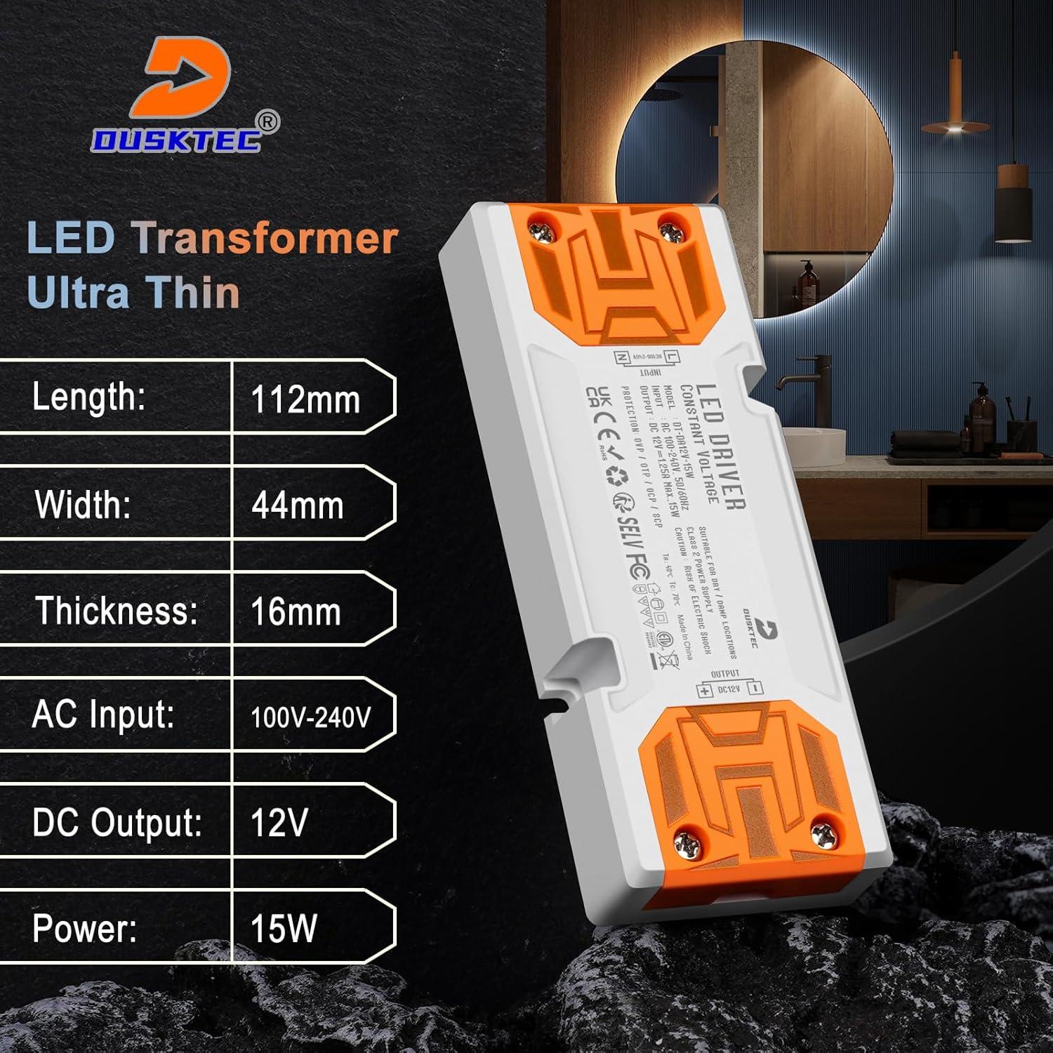 Transformador LED DUSKTEC 15W 12V DC, Adaptador Bajo Voltaje