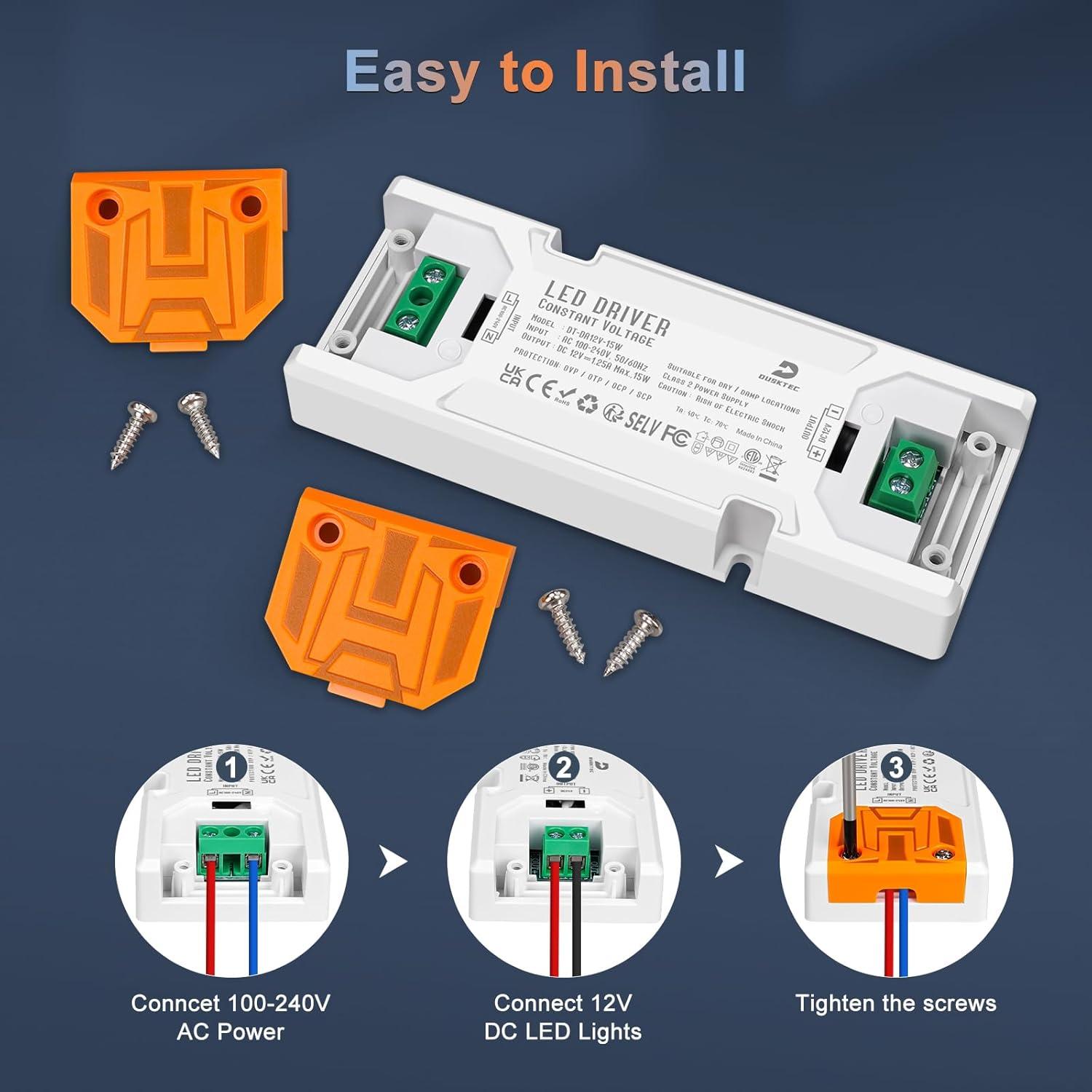 Transformador LED DUSKTEC 15W 12V DC, Adaptador Bajo Voltaje