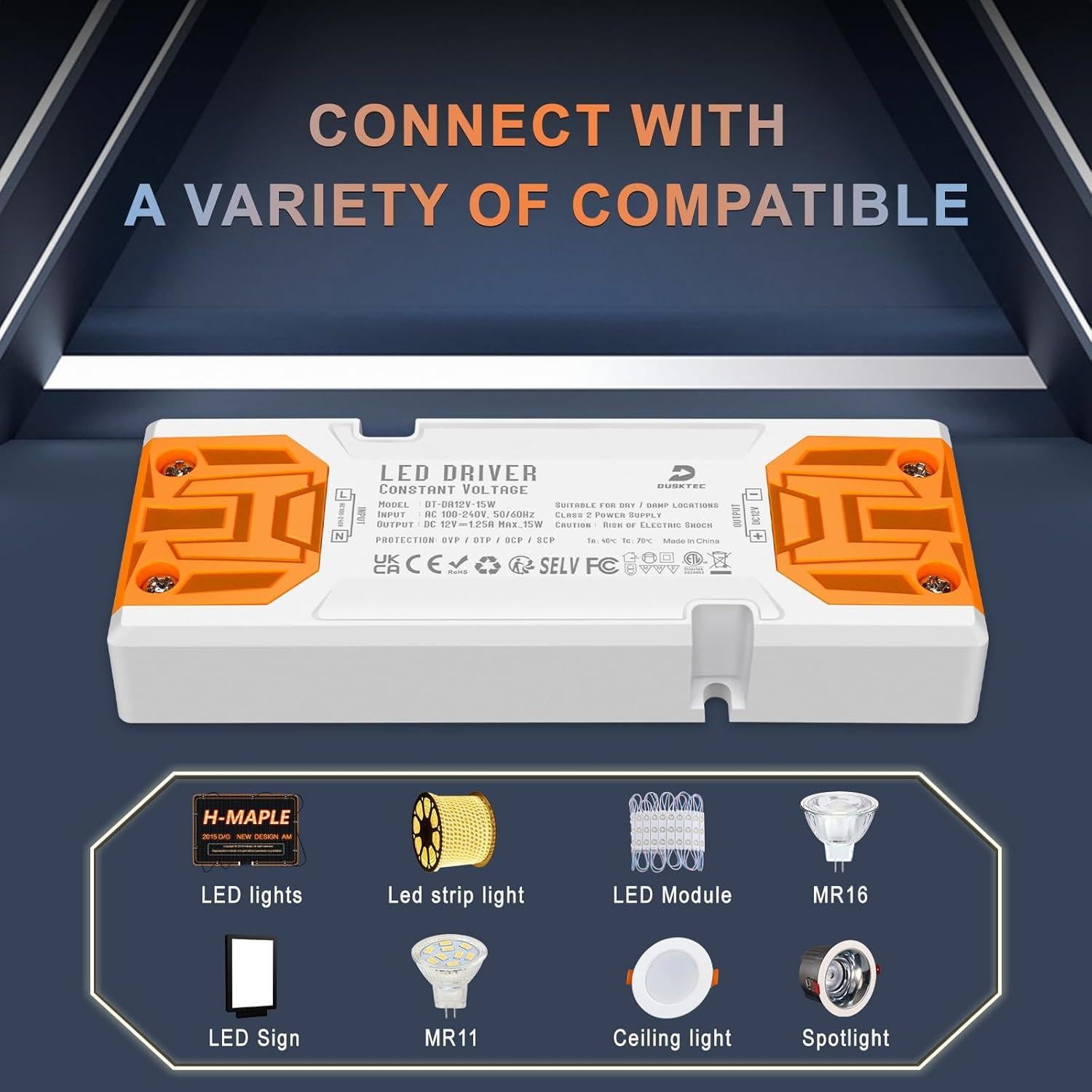 Transformador LED DUSKTEC 15W 12V DC, Adaptador Bajo Voltaje