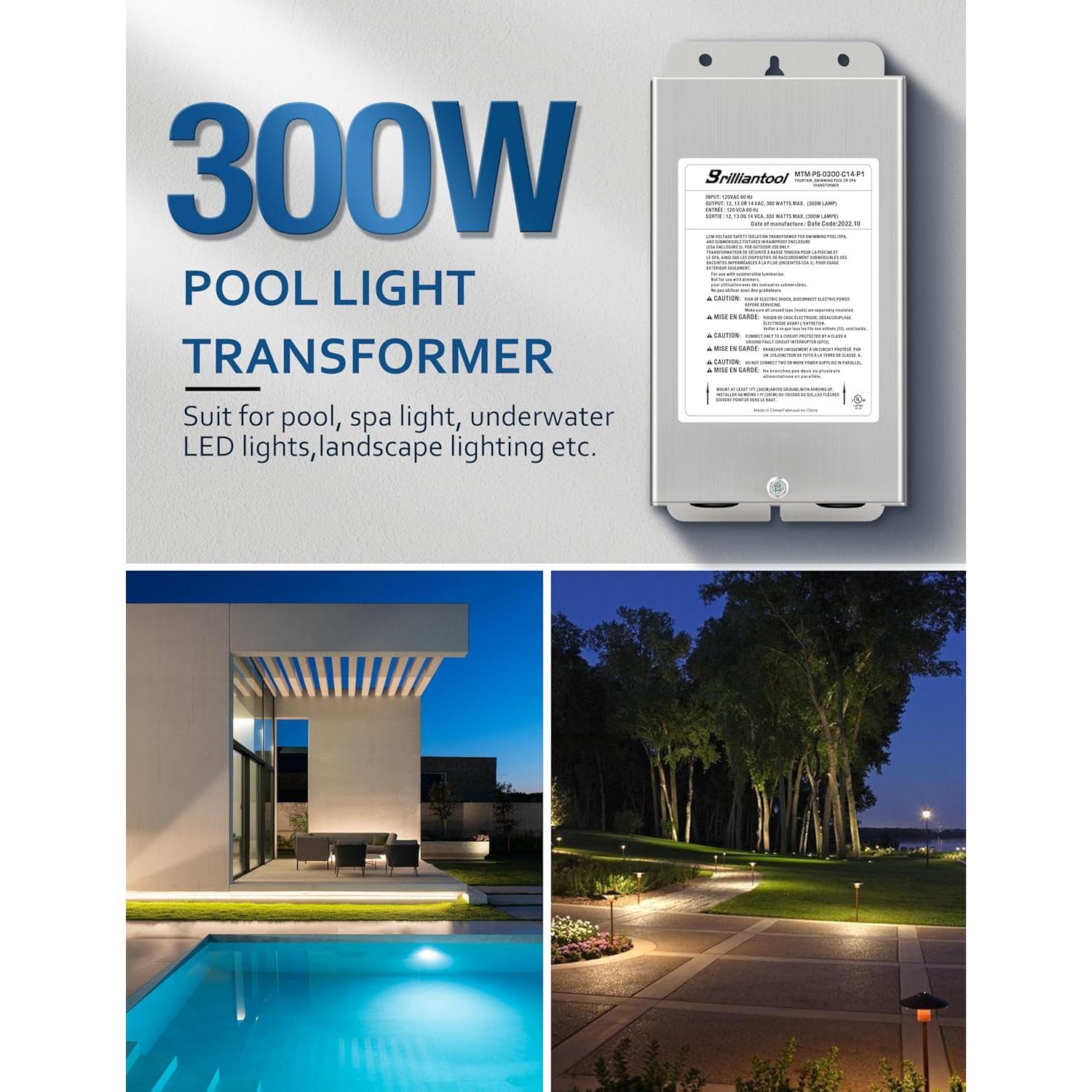 Transformador de Luz de Piscina Brilliantool 300W Acero Inoxidable
