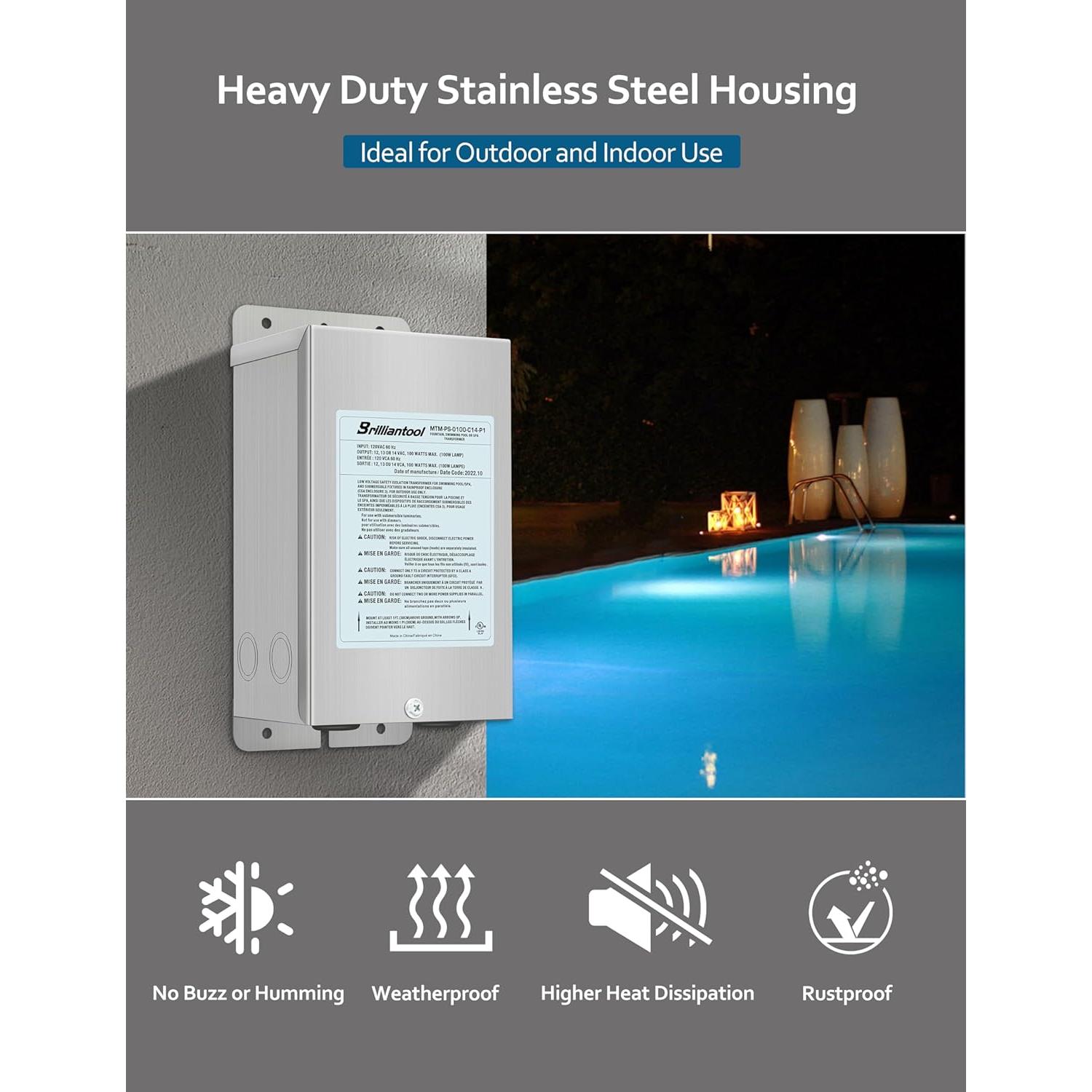 Transformador de Luz de Piscina Brilliantool 300W Acero Inoxidable