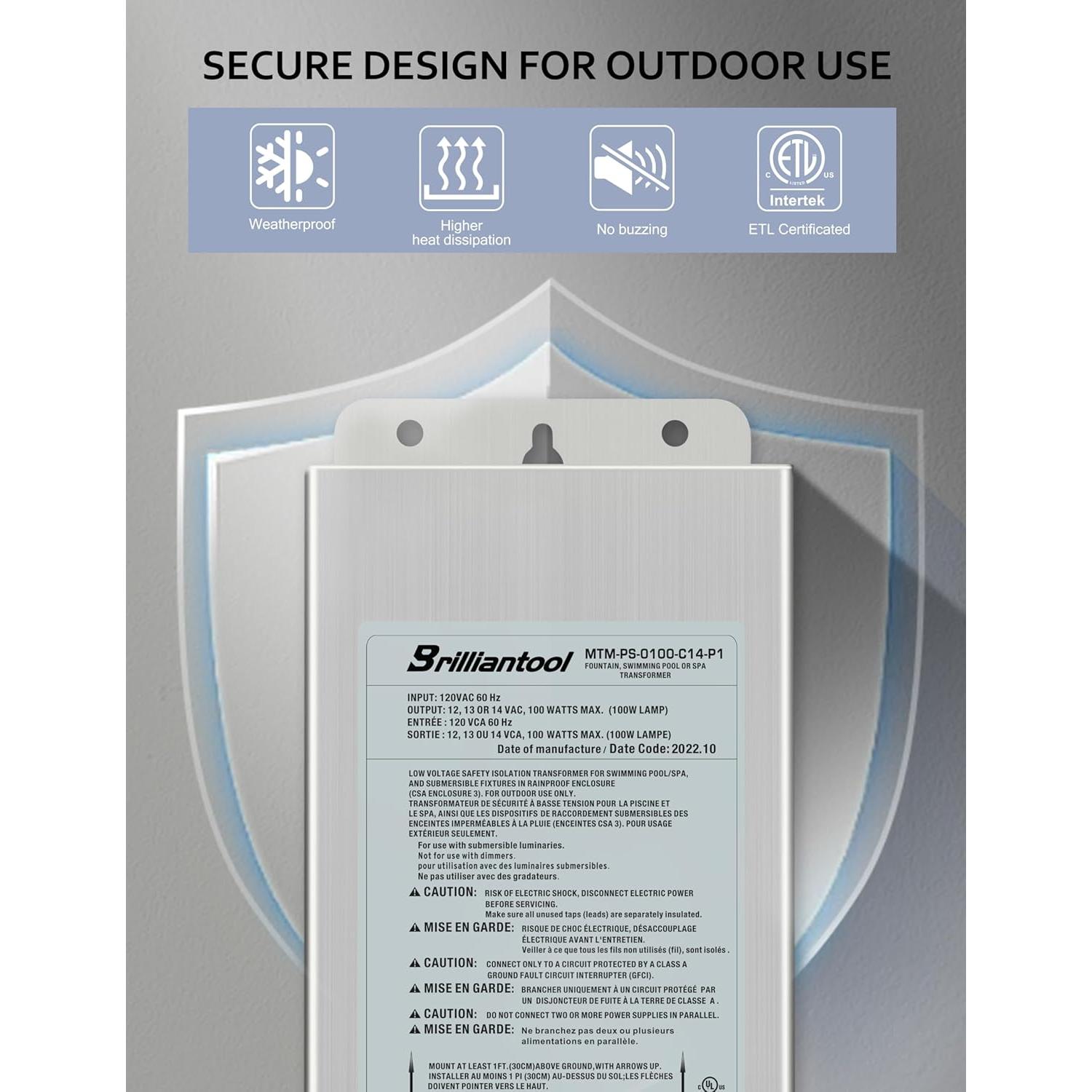 Transformador de Luz de Piscina Brilliantool 300W Acero Inoxidable