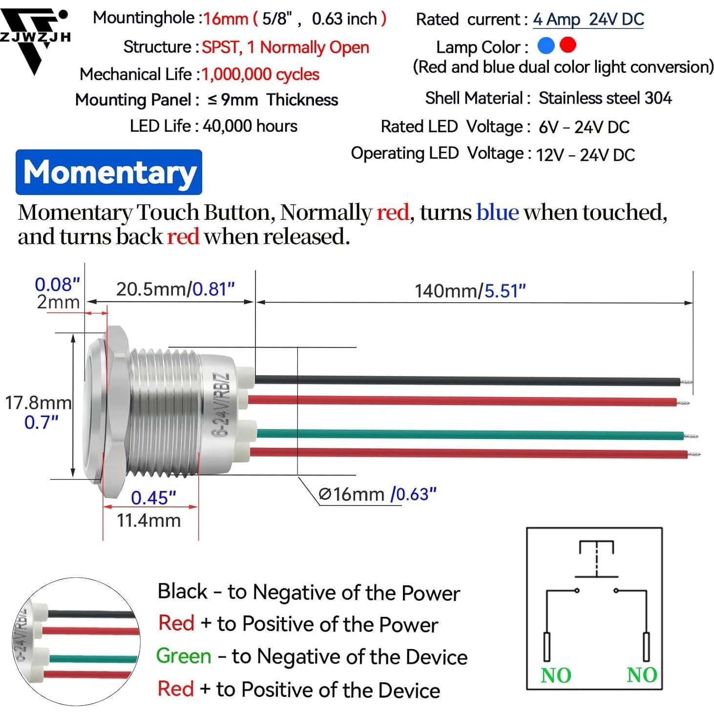Interruptor Táctil 16mm ZJWZJH 5V-24V CC Rojo y Azul