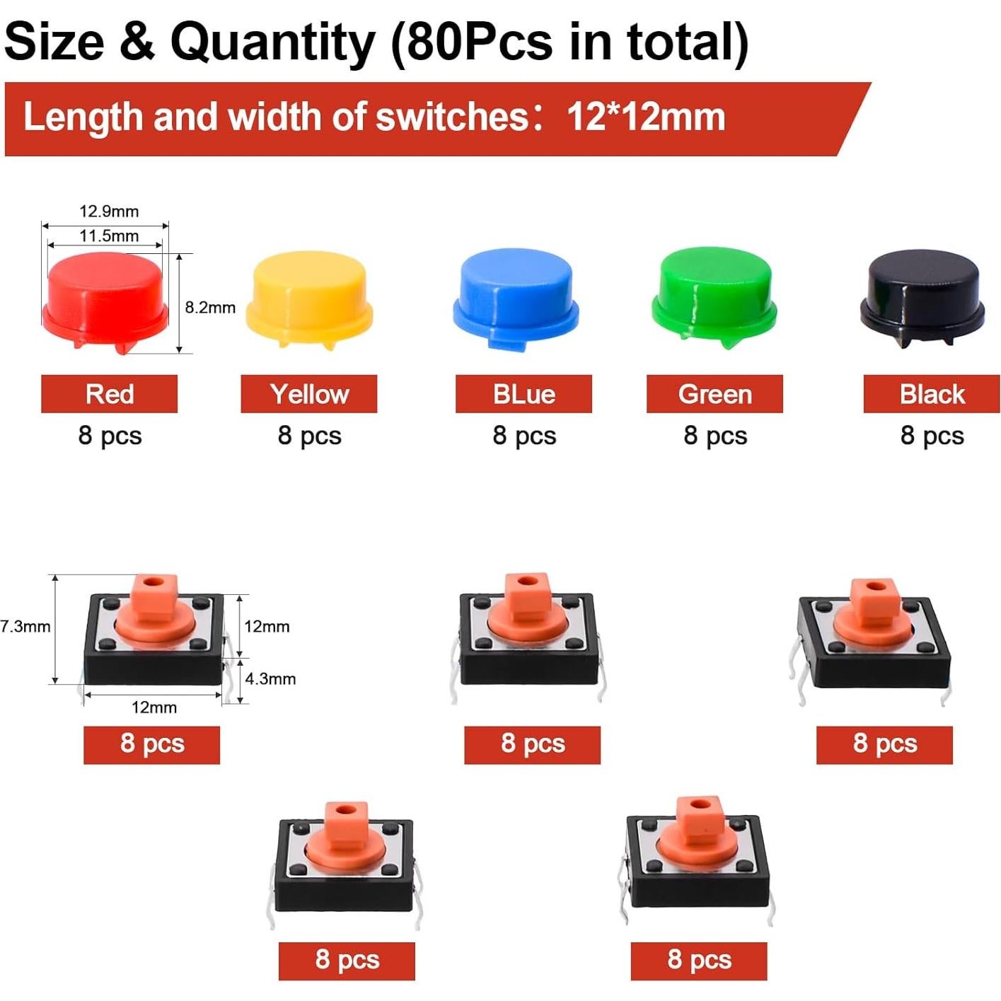 Kit de 80 Interruptores Táctiles SMD 12x12mm JianFeng