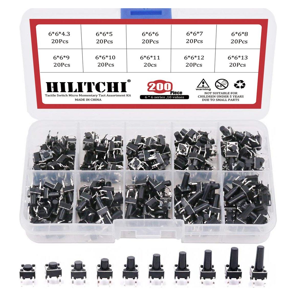 Kit de Interruptores Táctiles Hilitchi 200 Pcs 6x6mm 10 Valores