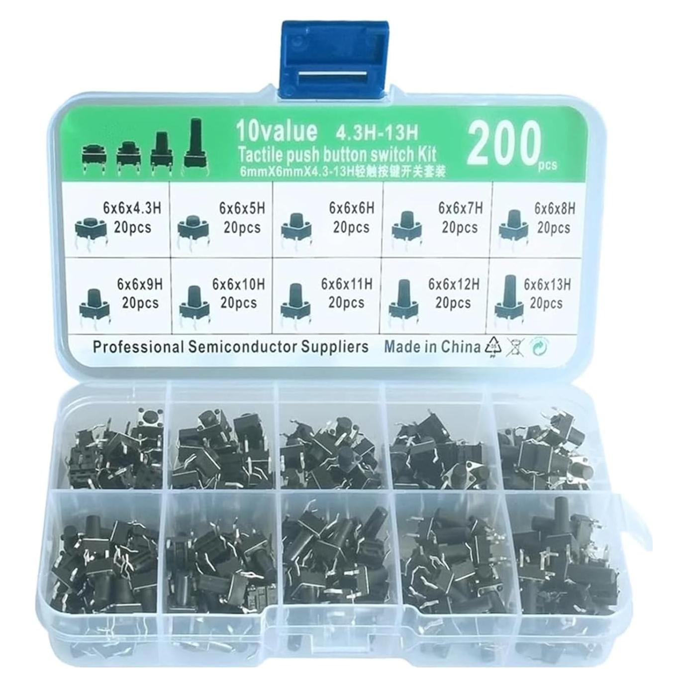 Kit de 200 Interruptores Táctiles 6x6mm hiBCTR con 10 Alturas