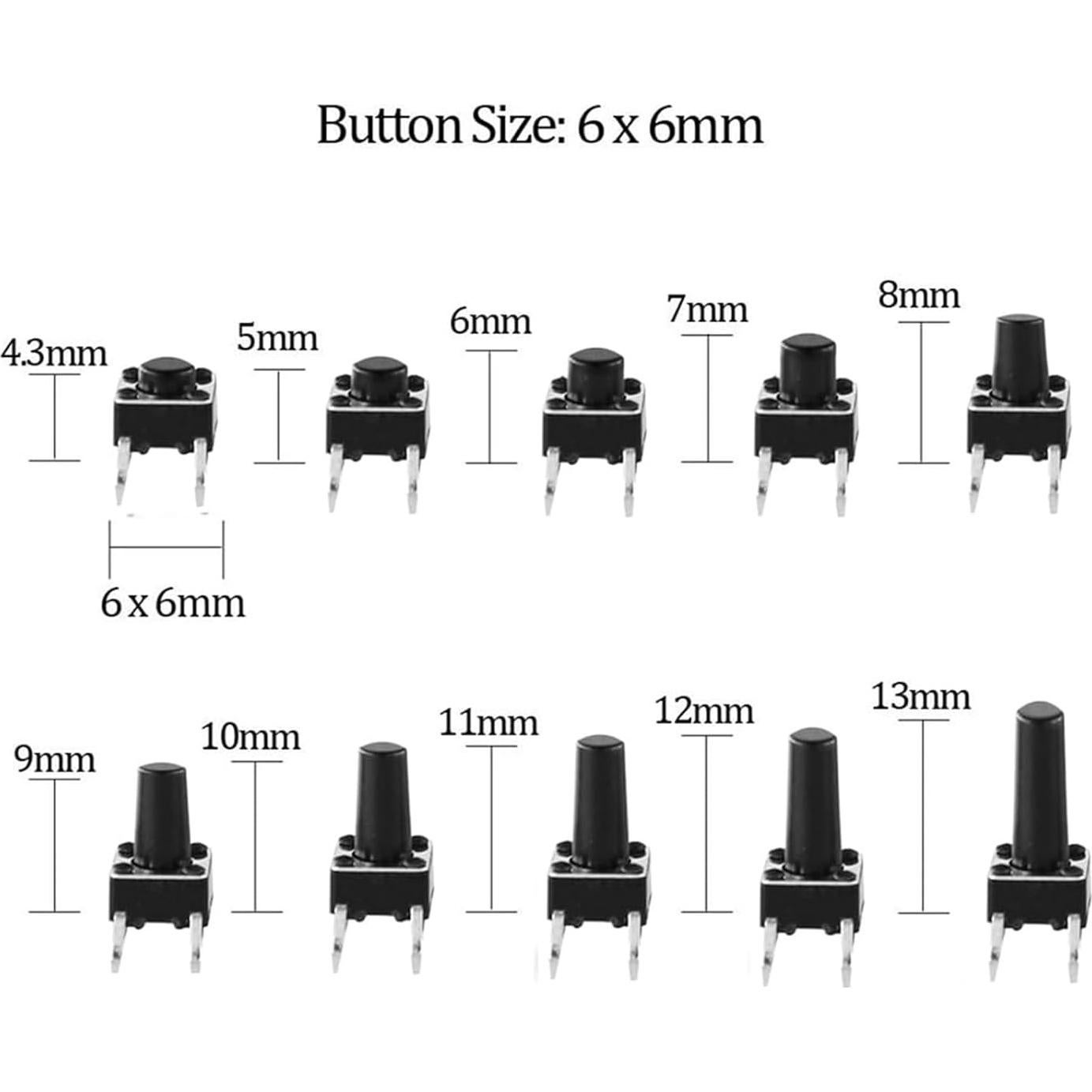 Kit de 200 Interruptores Táctiles 6x6mm hiBCTR con 10 Alturas
