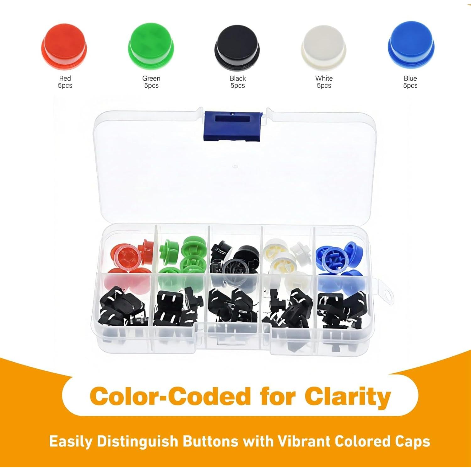 50 Botones Táctiles SMD 12x12mm KGCGJVB con Caja de Almacenamiento