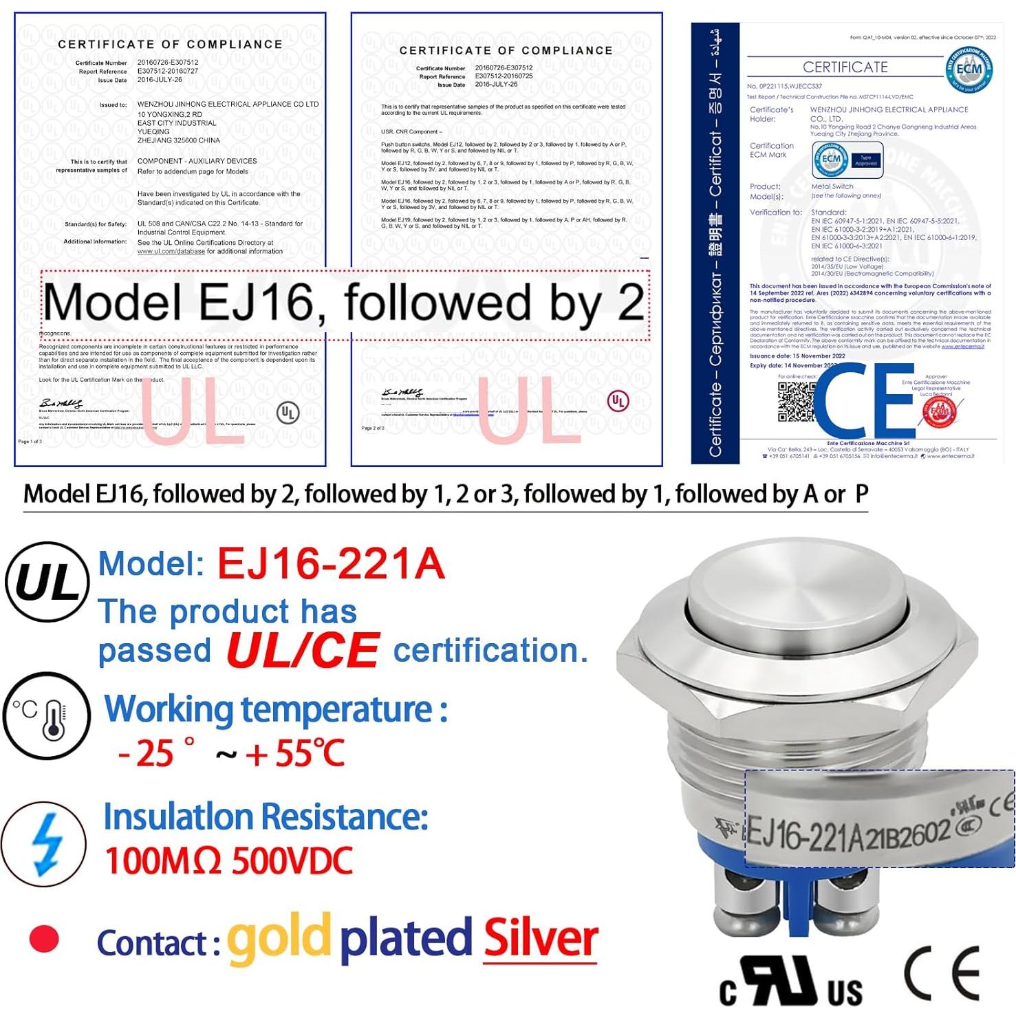 Interruptor de Botón Momentáneo ZJWZJH 16mm IP67 3 Pcs