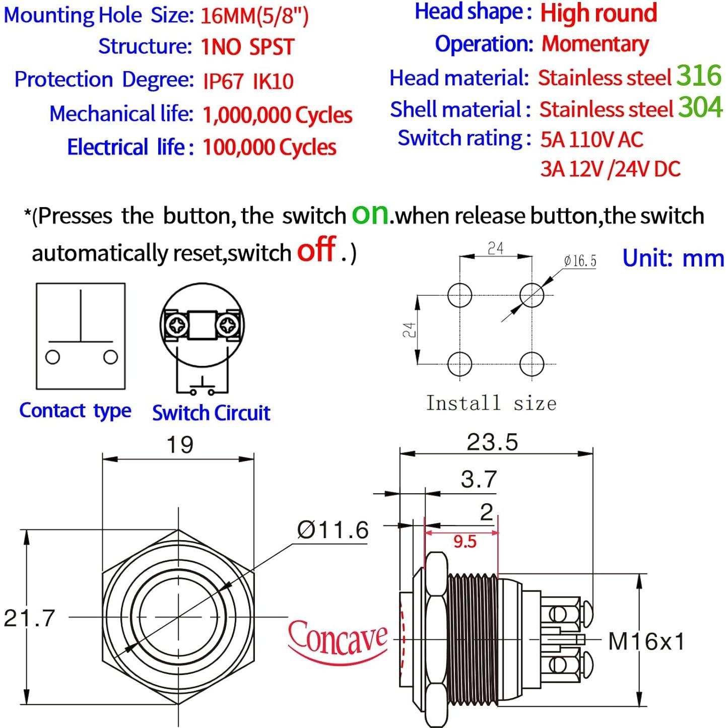 Interruptor de Botón Momentáneo ZJWZJH 16mm IP67 3 Pcs