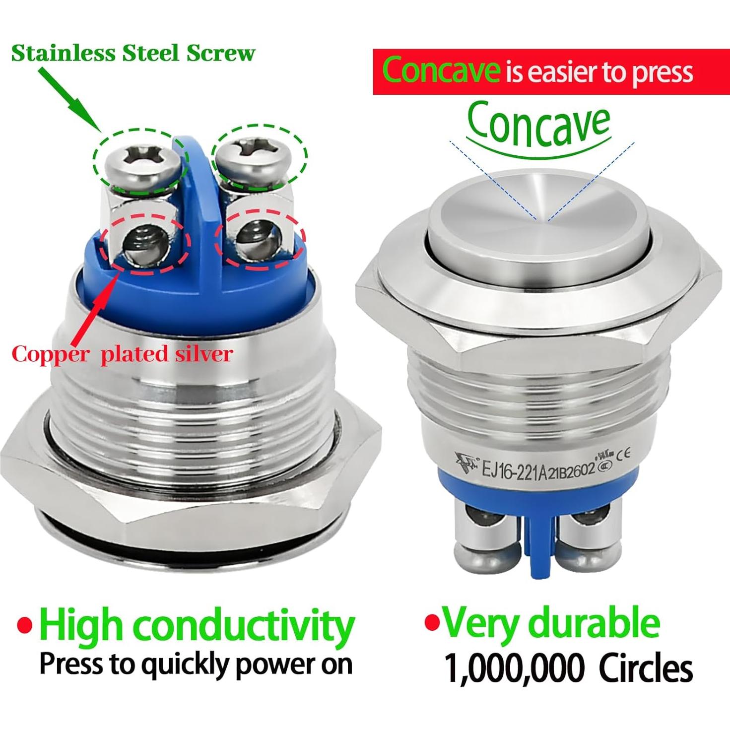 Interruptor de Botón Momentáneo ZJWZJH 16mm IP67 3 Pcs