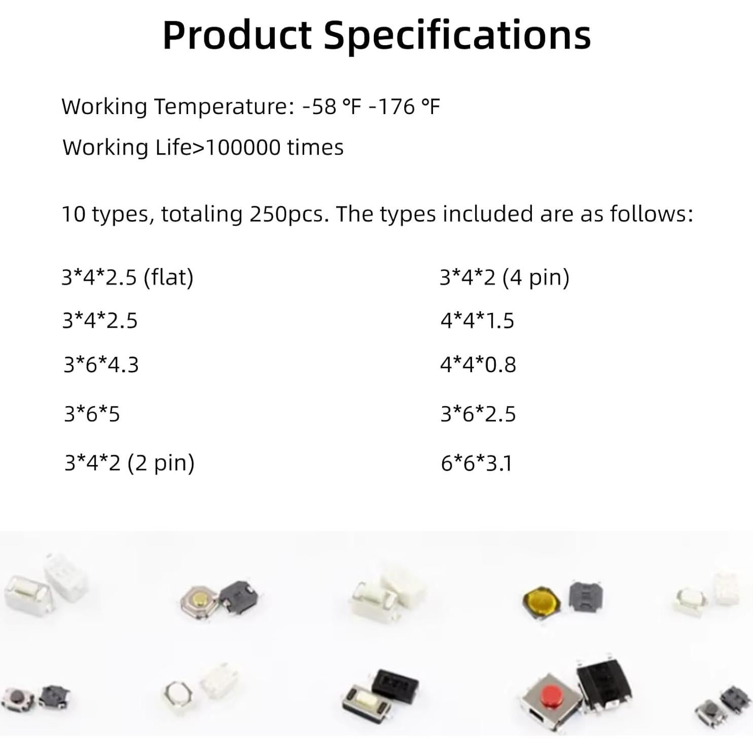 Kit de 250 Micro Interruptores Momentáneos Yetaida 10 Tipos