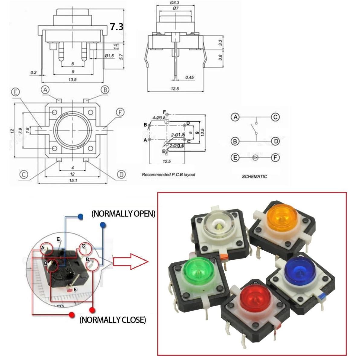 Interruptor Táctil Momentáneo LED 10 PCS 12x12mm 5 Colores