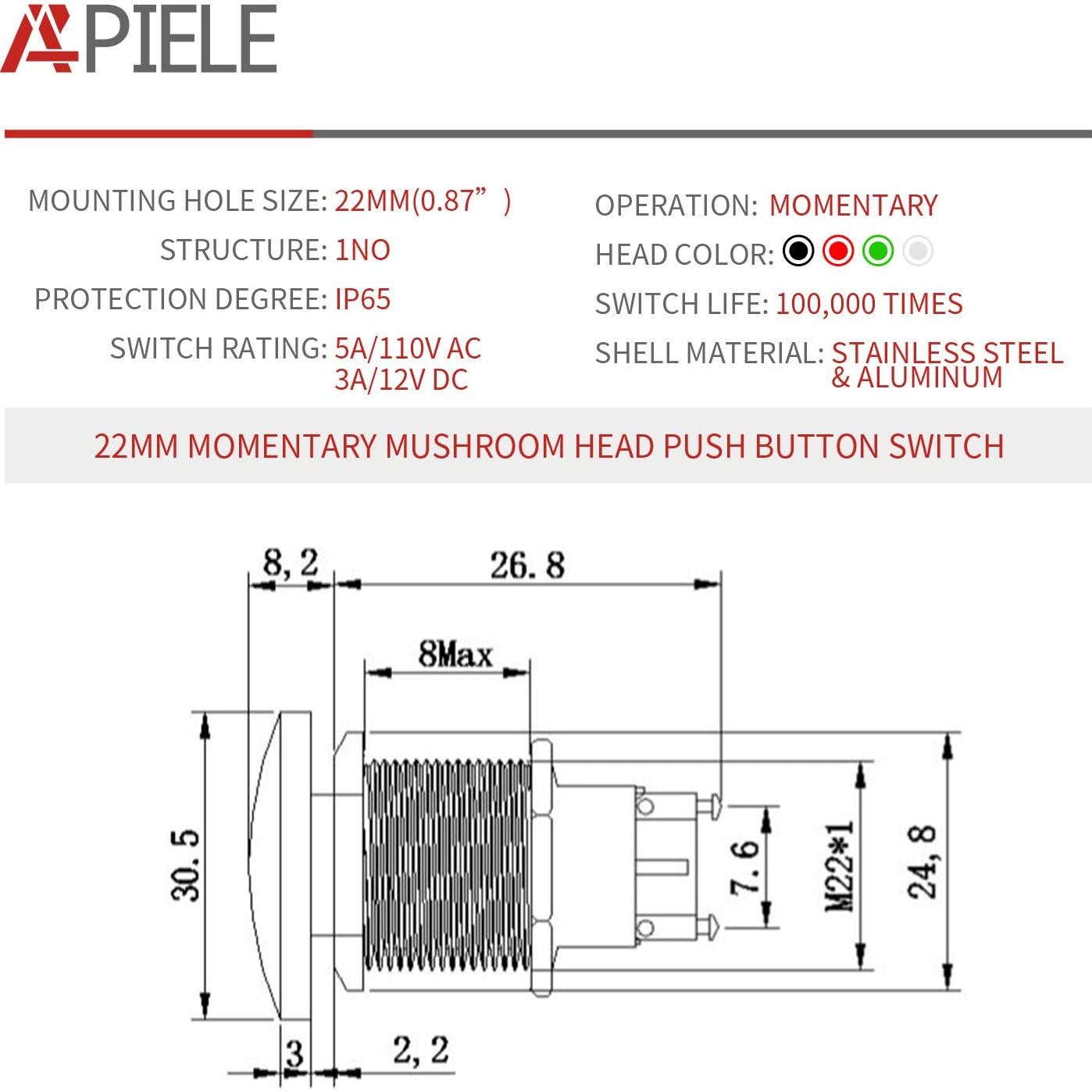 Interruptor Pulsador Cabeza de Hongo APIELE 22mm Rojo IP65 250V 5A