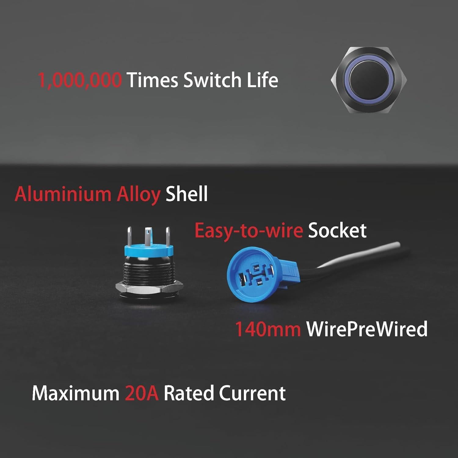 Interruptor pulsador LED de retención 19mm Rojo IP67 20A