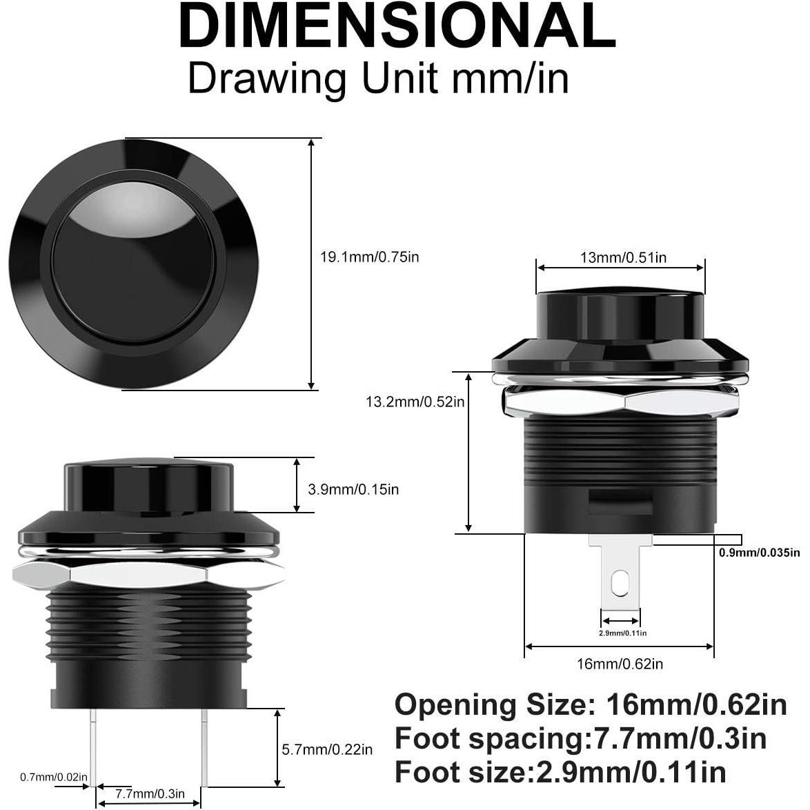 Interruptor de Botón Pulsador DIYhz 20 Unidades Tapa Negra