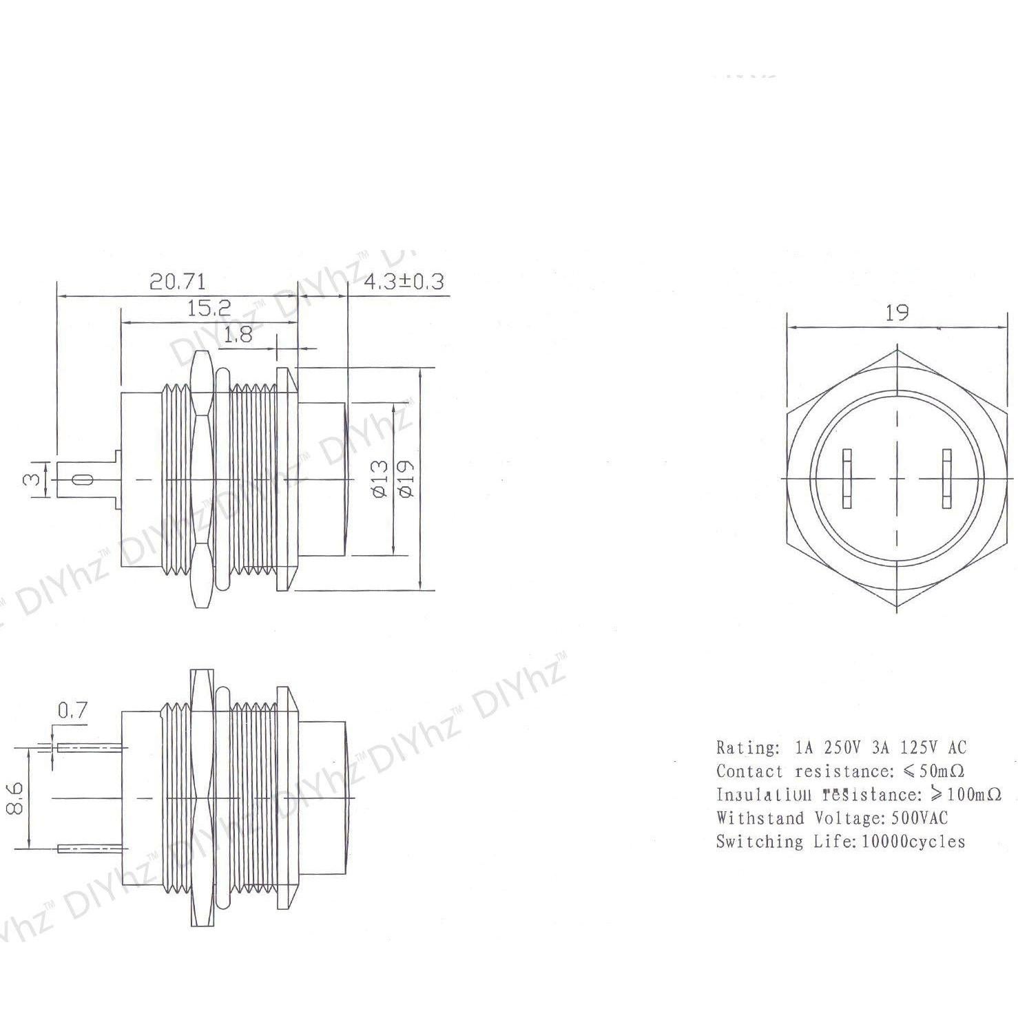 Interruptor de Botón Pulsador DIYhz 20 Unidades Tapa Negra