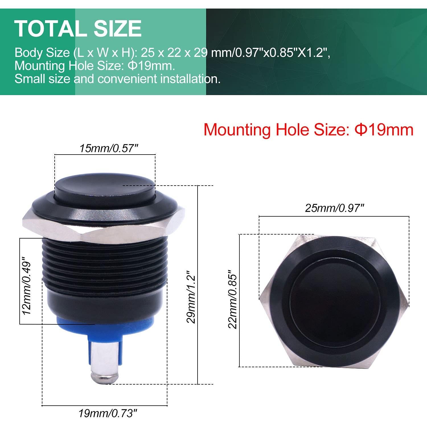 Interruptor de Botón Momentáneo Twidec 19mm Negro IP65