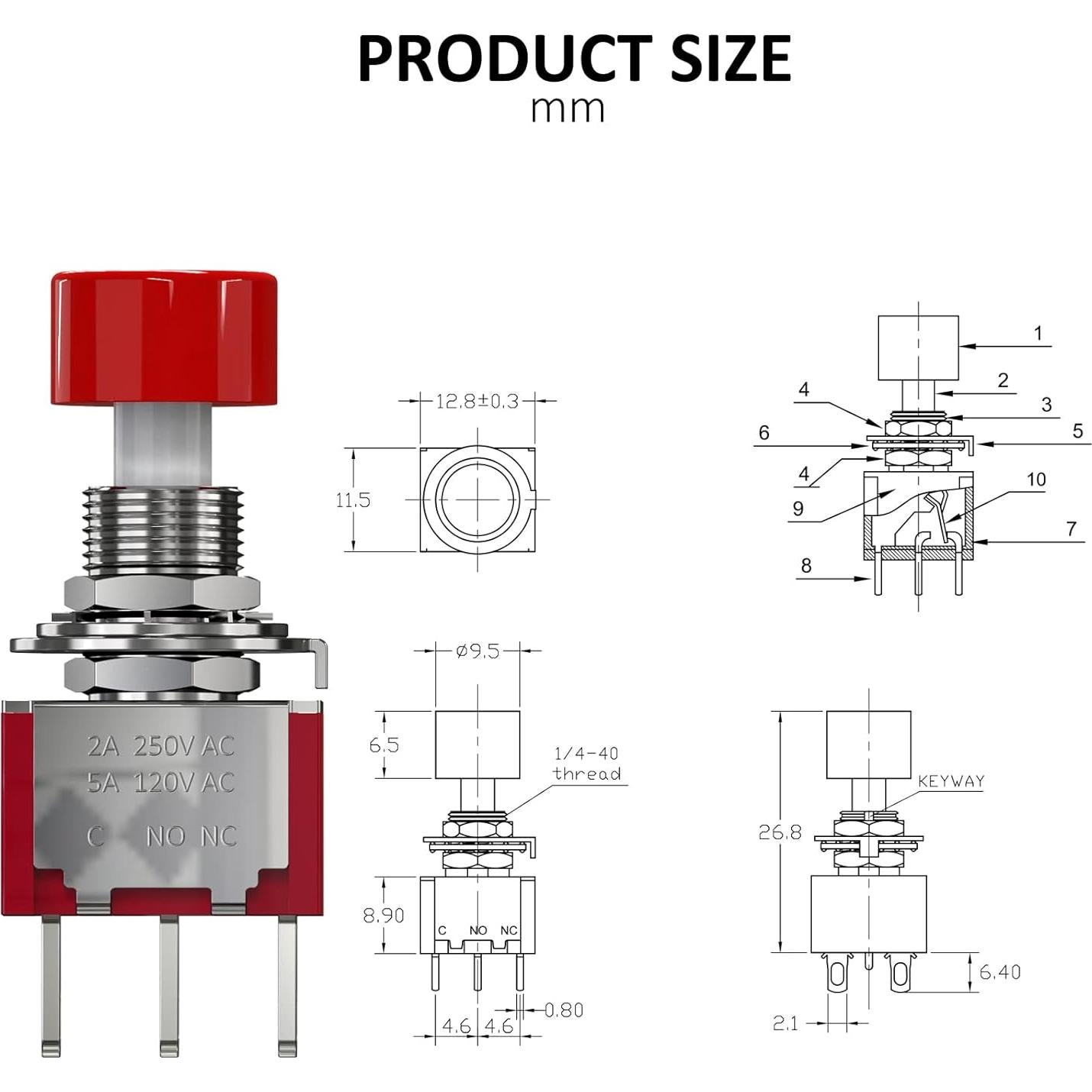 Interruptor de Botón Momentáneo 6 Pines DIYhz Rojo 3Pcs