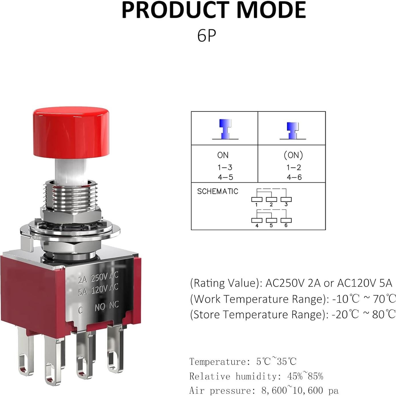 Interruptor de Botón Momentáneo 6 Pines DIYhz Rojo 3Pcs