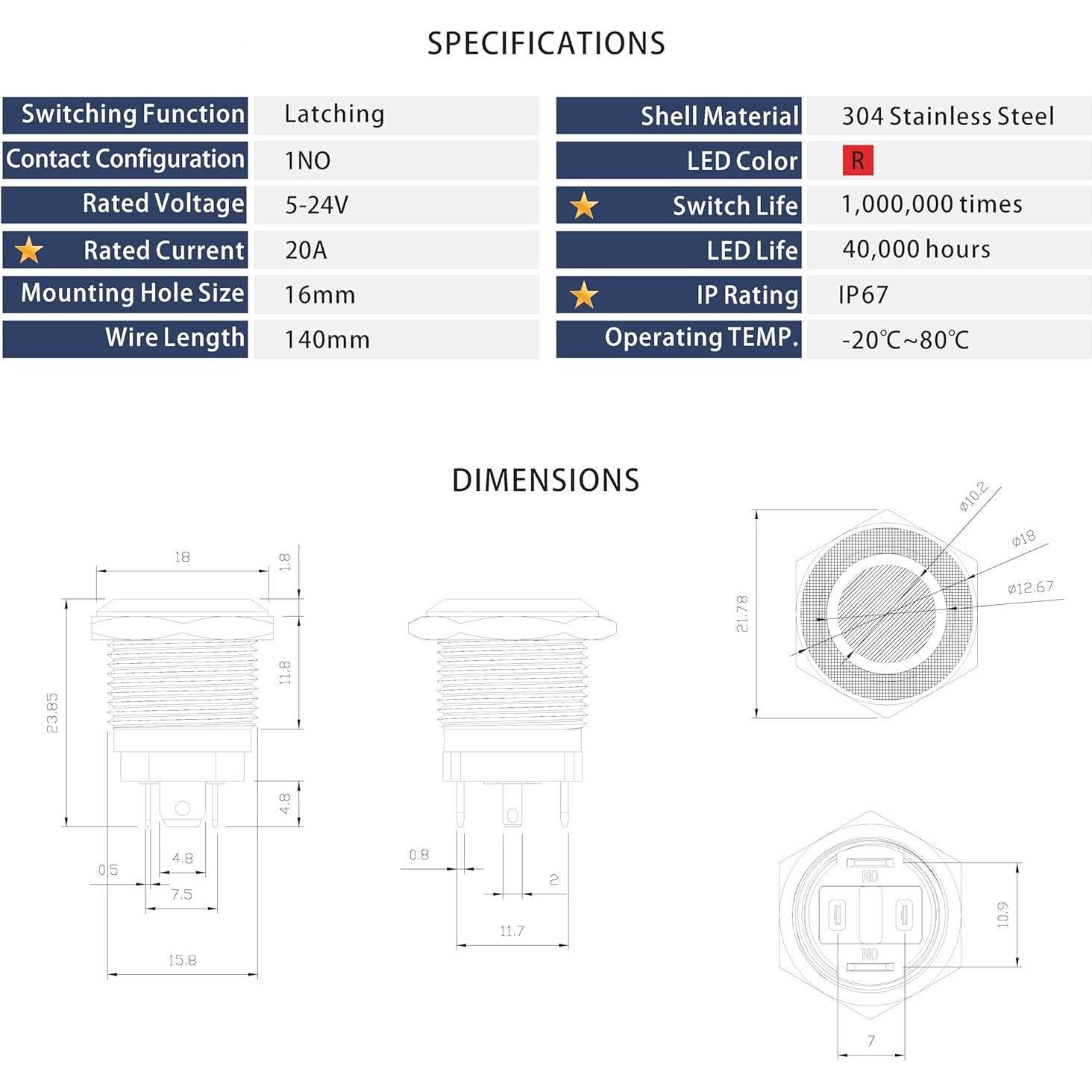 Interruptor pulsador retención LED 16mm Rojo IP67 20A 5-24V