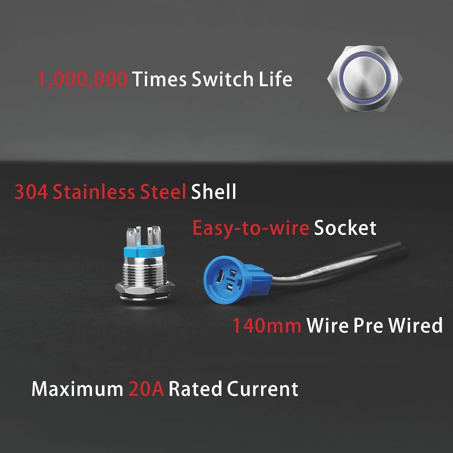 Interruptor pulsador retención LED 16mm Rojo IP67 20A 5-24V