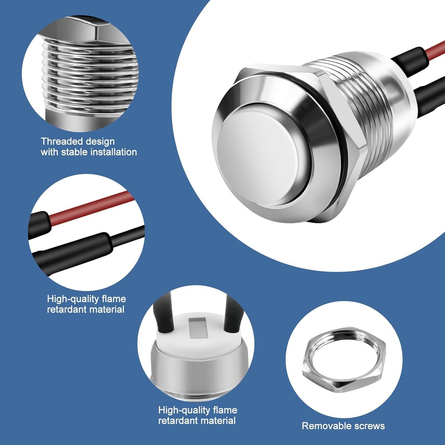 Interruptor de Botón Momentáneo Dirvcp IP66 5 Pcs Plateado