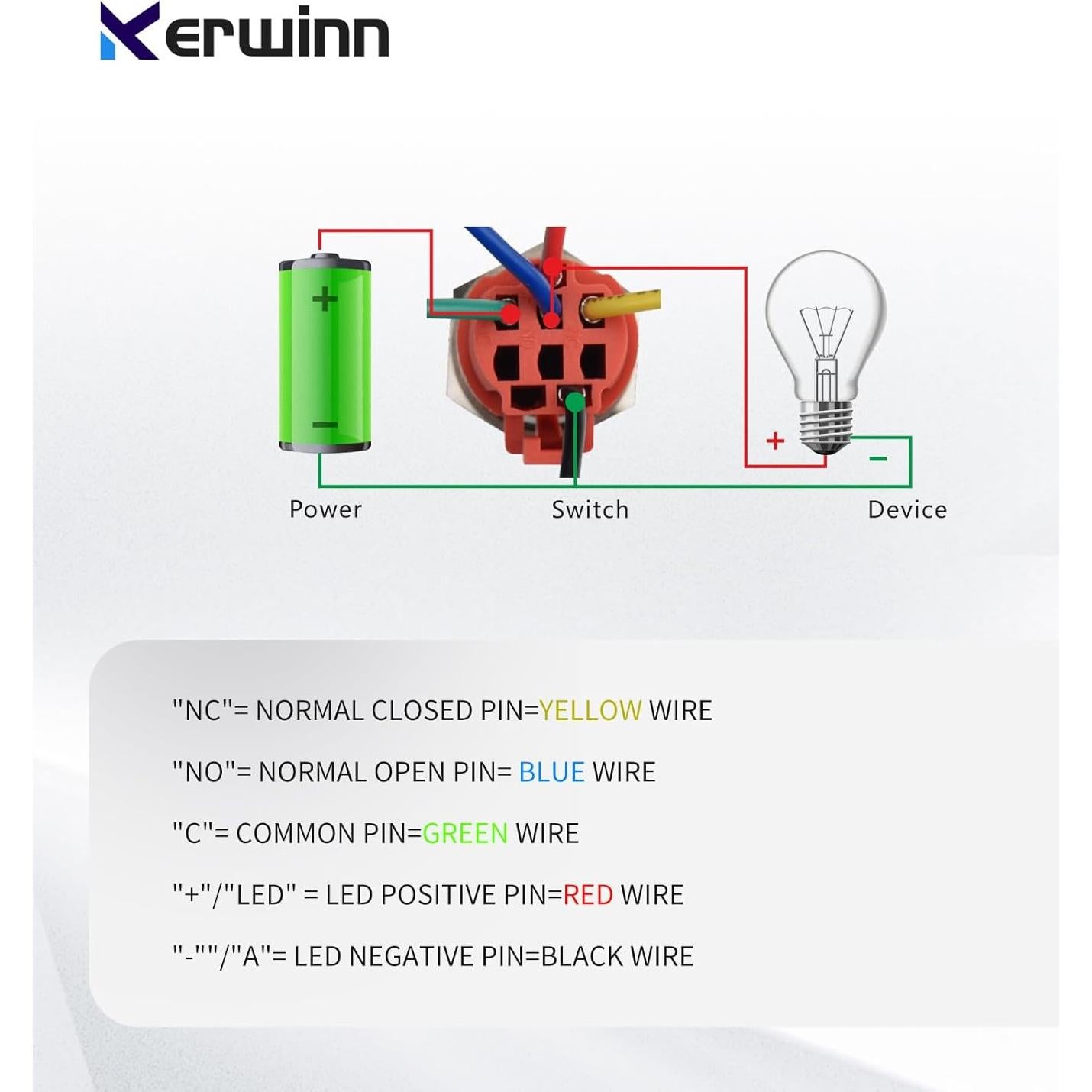 Interruptor pulsador 16mm KERWINN 12V 1NO 1NC con luz
