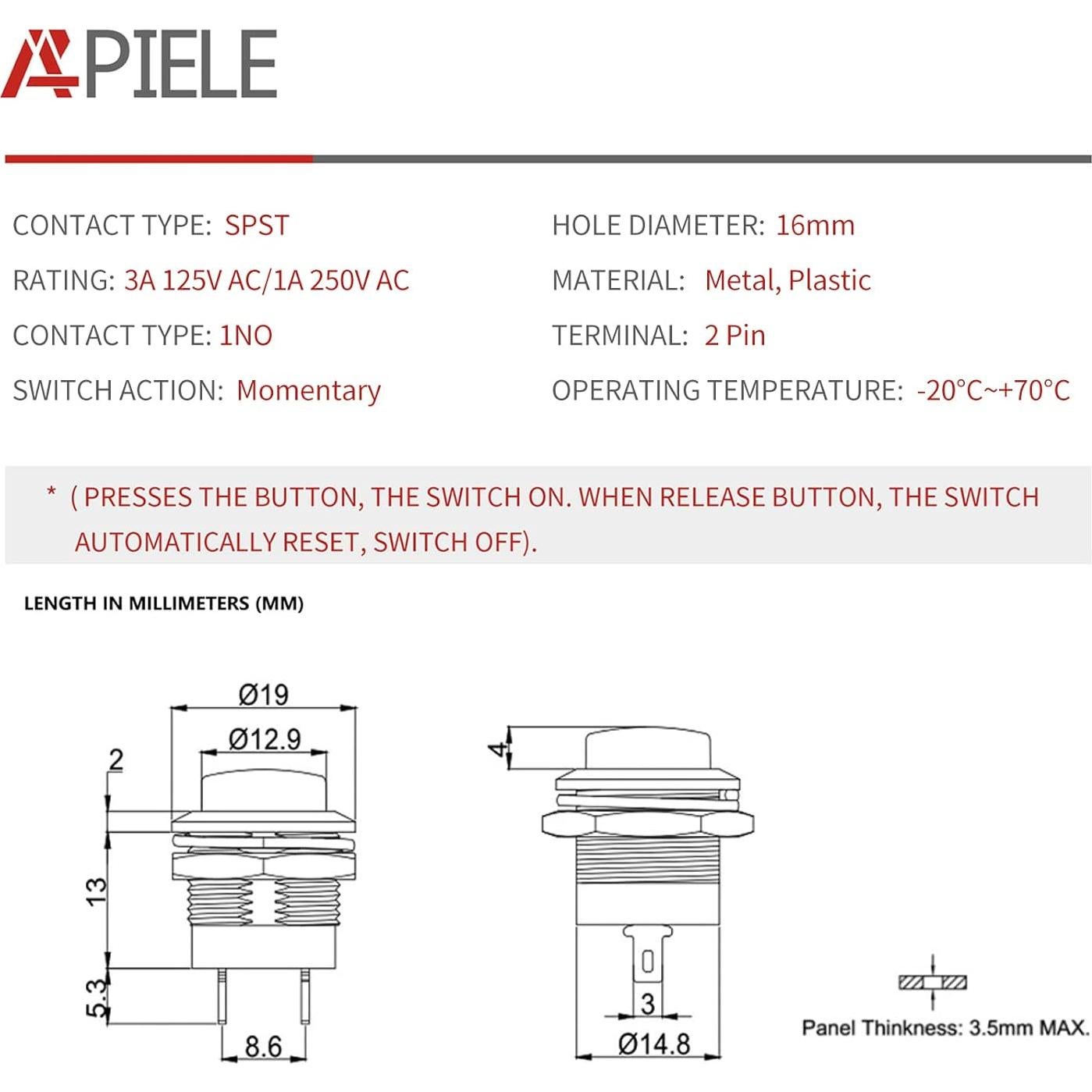 Interruptor de Botón Momentáneo APIELE R13-507 16mm 6 Pcs Negro