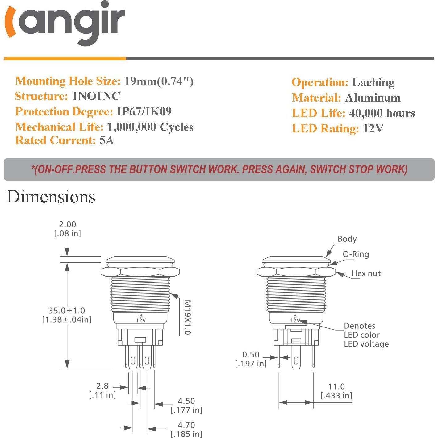 Interruptor pulsador 19mm LANGIR 12V CC a prueba de agua LED