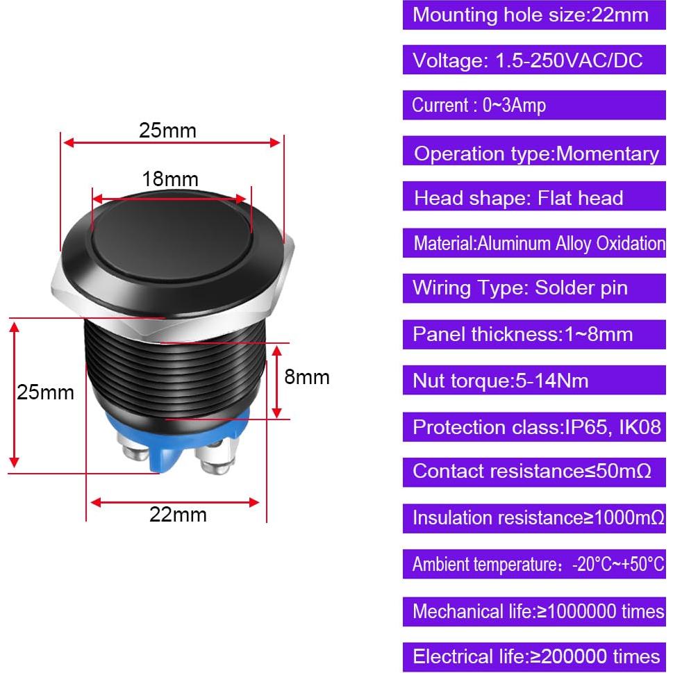 Interruptor Momentáneo IP65 22mm 3A 12V 24V 36V 110V 250V Aluminio Negro