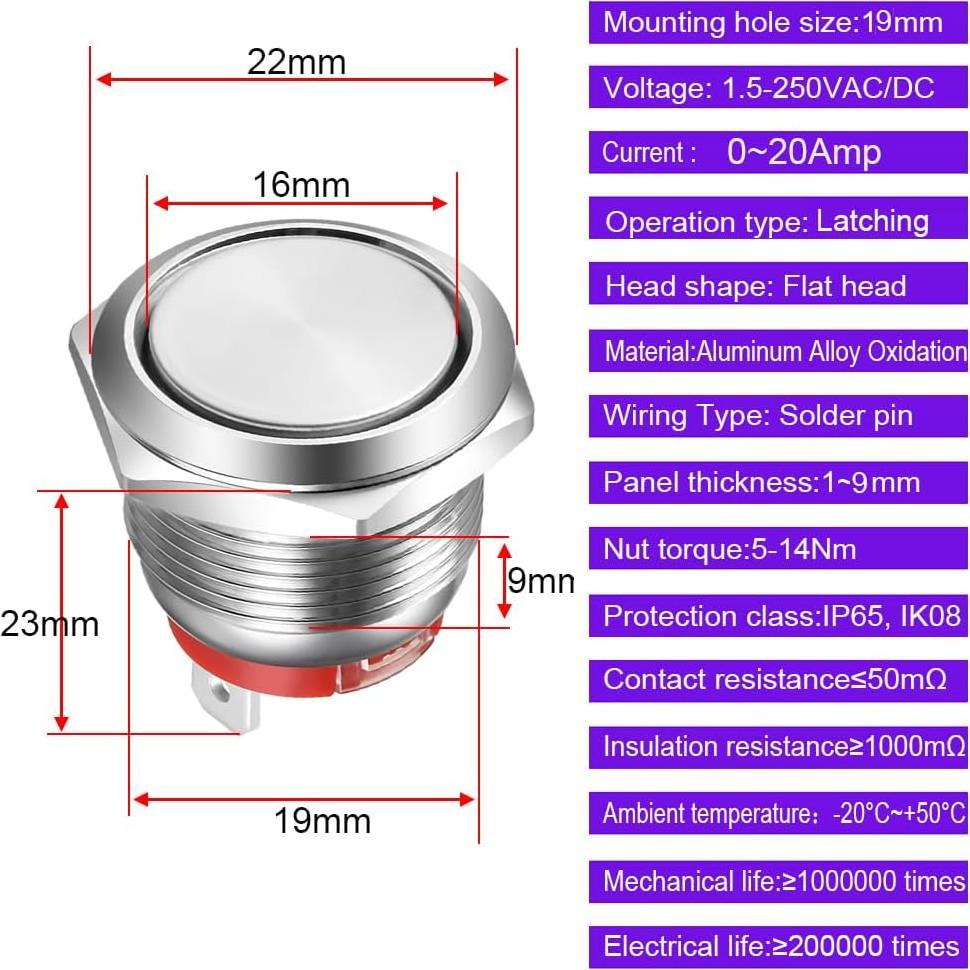 Interruptor de Botón de Presión Gebildet 19mm IP65 Acero Inoxidable