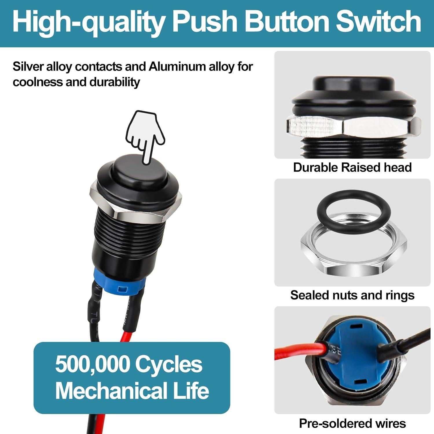 Interruptor pulsador 12mm AccEncyc - IP66, 10PCS, 3A 250V