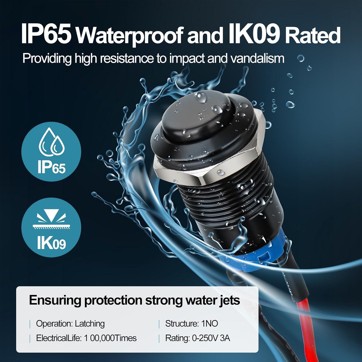 Interruptor pulsador 12mm AccEncyc - IP66, 10PCS, 3A 250V