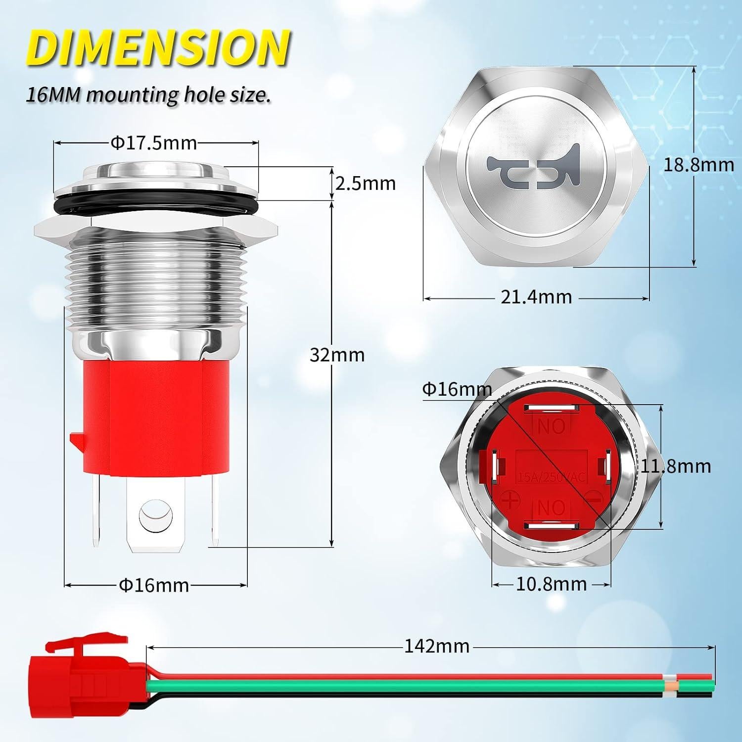 Interruptor de Botón de Cuerno Joinfworld 12V 20A Acero Inoxidable LED Azul
