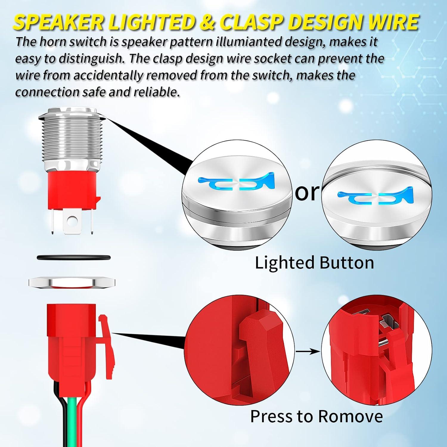 Interruptor de Botón de Cuerno Joinfworld 12V 20A Acero Inoxidable LED Azul