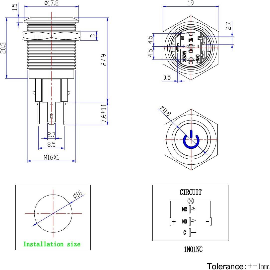 Interruptor de Botón de Presión Ulincos U16F5 1NO1NC Azul
