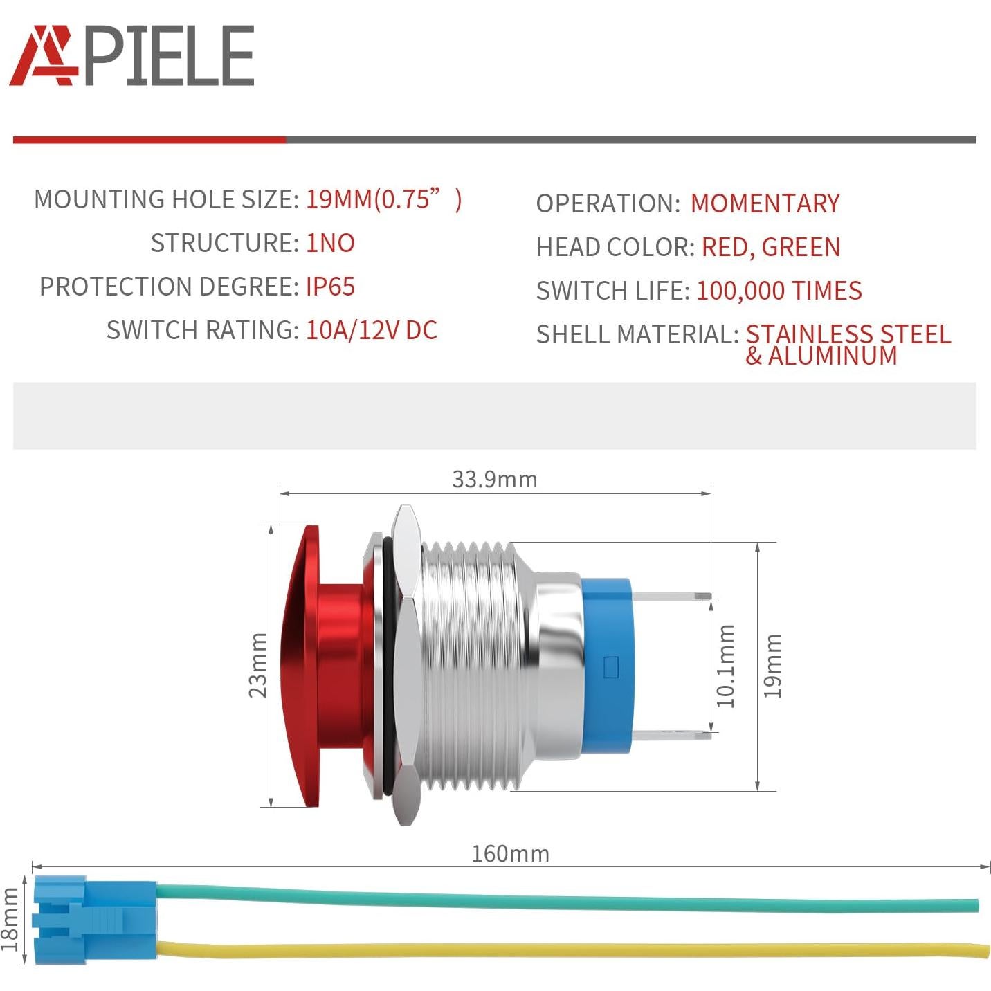 Interruptor Pulsador Momentáneo APIELE 19mm Rojo IP65 10A