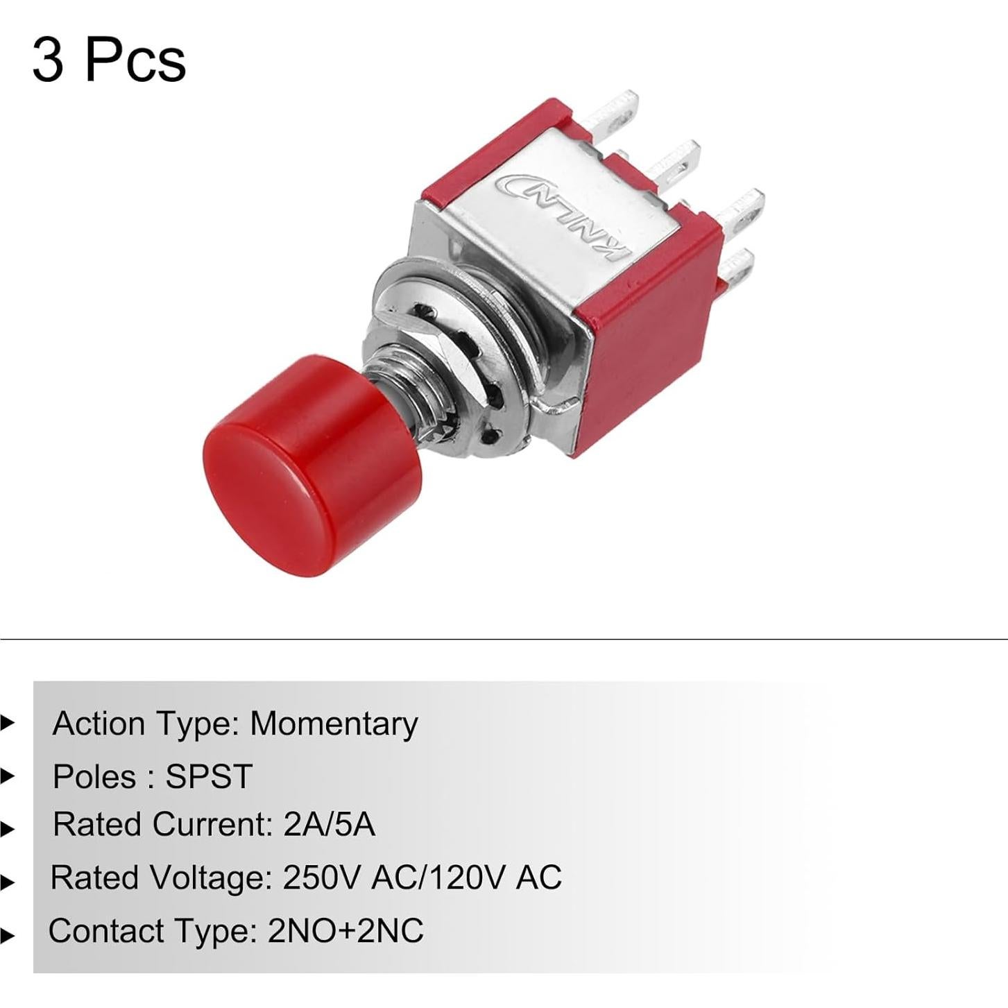 Interruptor de Botón Mini MECCANIXITY 3 Pcs 2A 250V Rojo