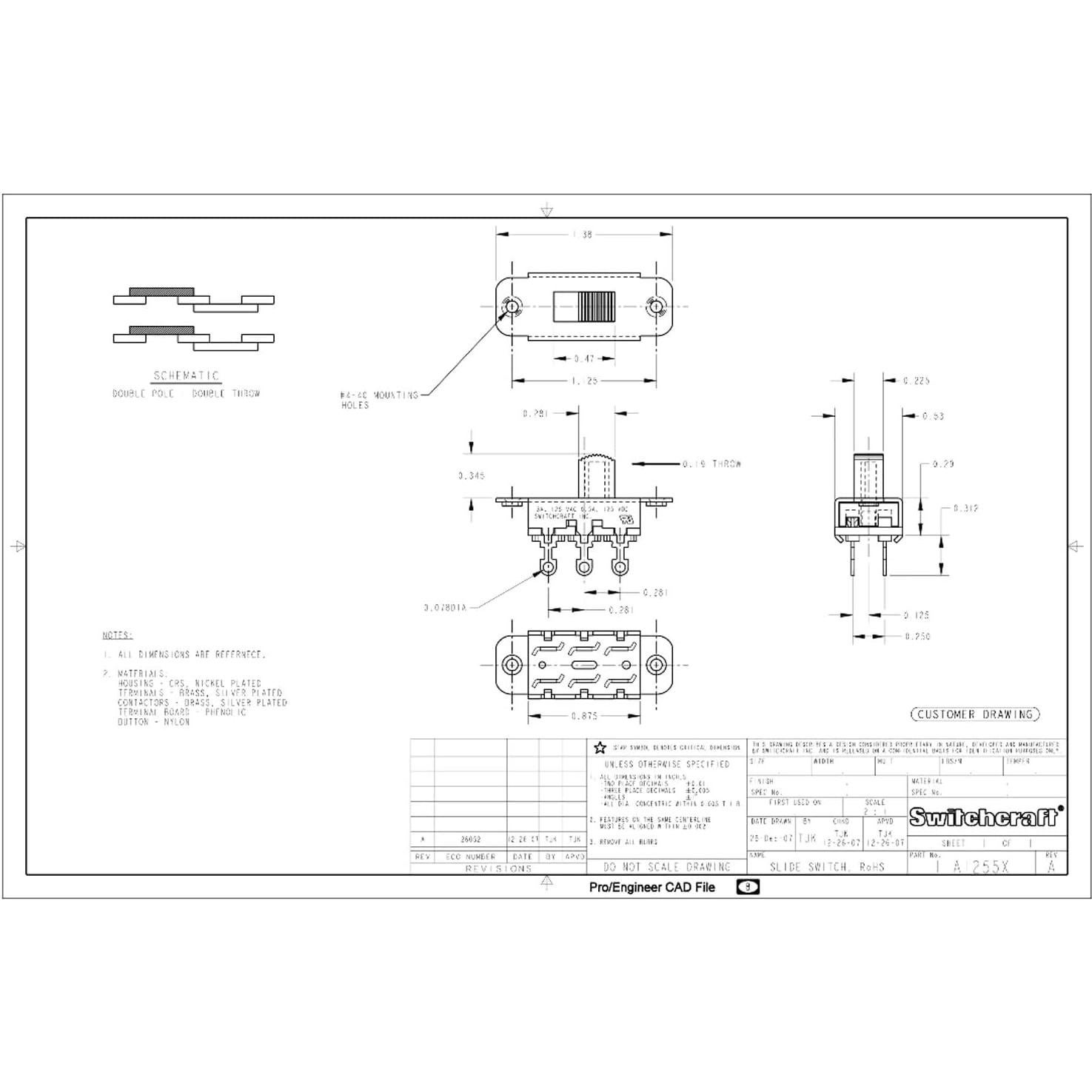 Interruptor deslizante ON-ON Switchcraft Blanco Allparts 1009